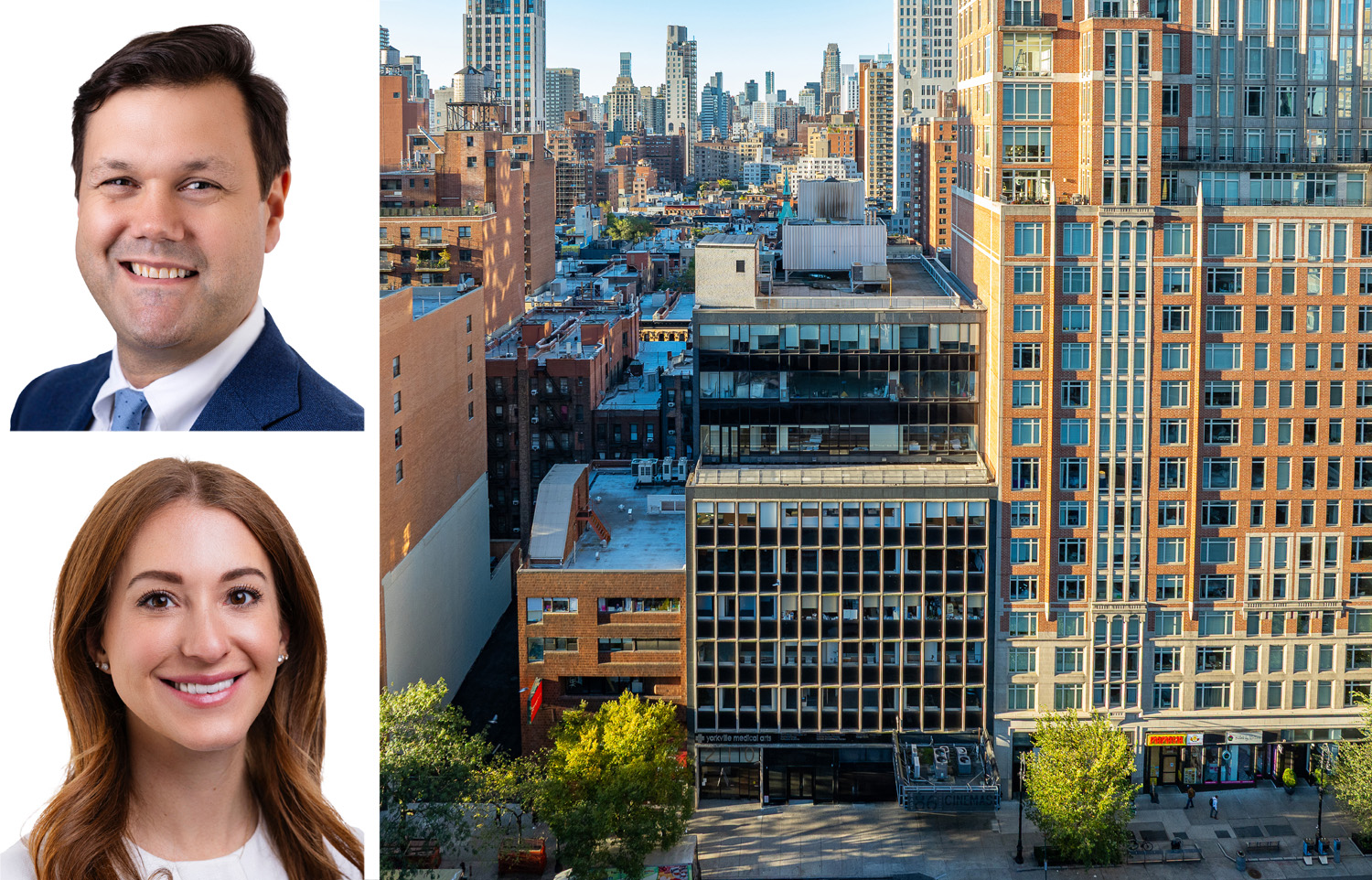 Avison Young's Christian Stanton (top) and Libby Hodes, and 210 East 86th Street.