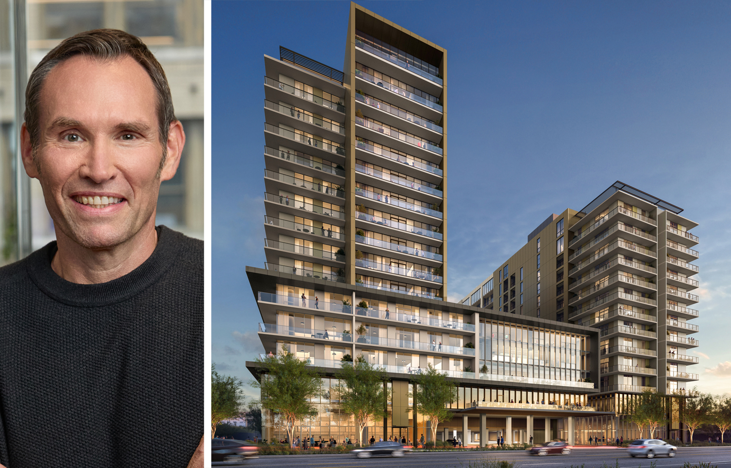Mavik's Dan Cooperman and a rendering of Revelry, a multifamily development planned for Tempe, Ariz.