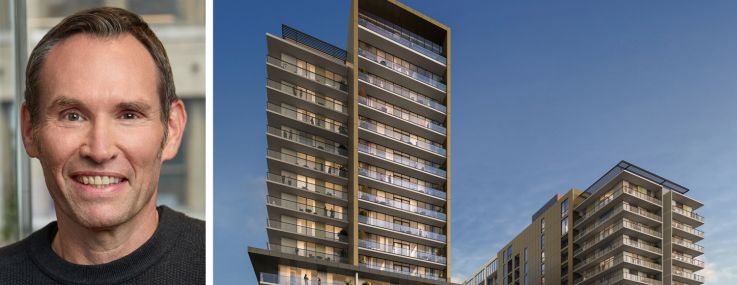 Mavik's Dan Cooperman and a rendering of Revelry, a multifamily development planned for Tempe, Ariz.