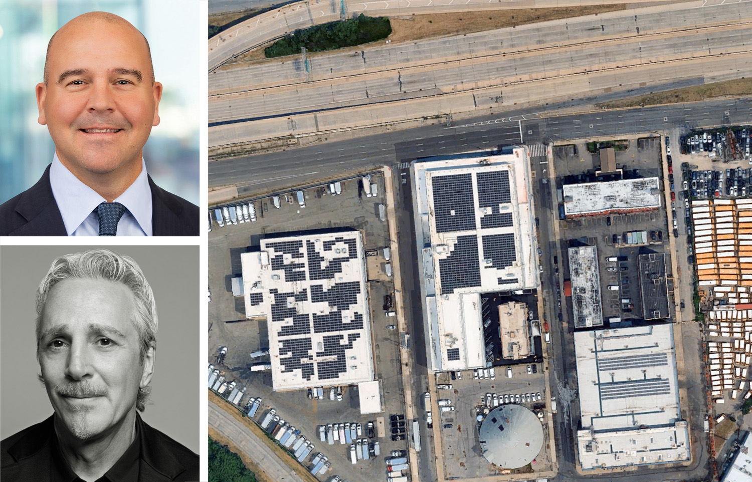 Prologis CEO Dan Letter (top), Wildflower Managing Partner Adam Gordon (bottom), and 153-44 South Conduit Avenue (center building), Queens.