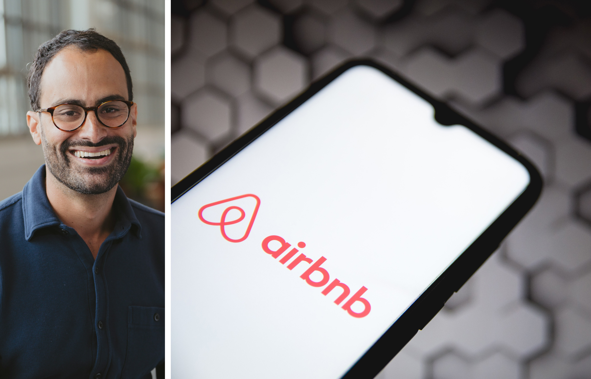 Daniel Hornung, director of the Airbnb Housing Accelerator, and an Airbnb logo displayed on a mobile phone.