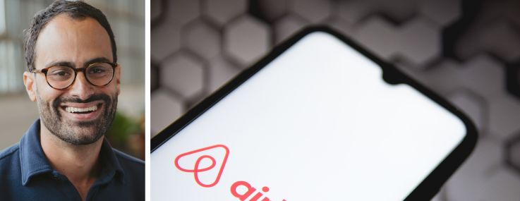 Daniel Hornung, director of the Airbnb Housing Accelerator, and an Airbnb logo displayed on a mobile phone.