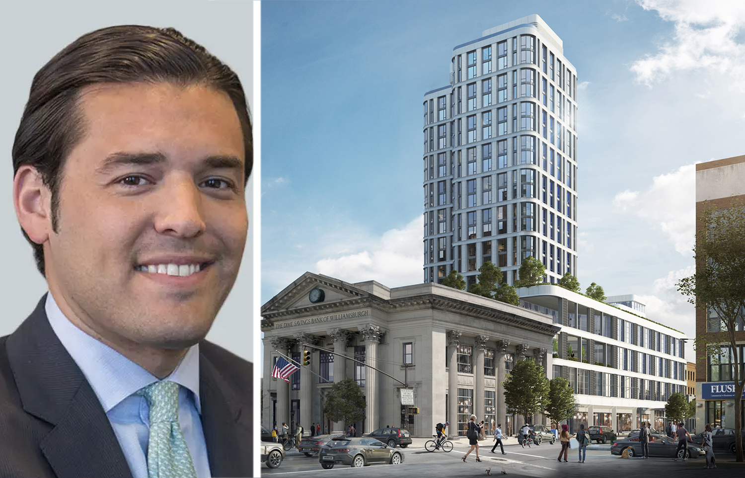 CBRE's Daniel Kaplan and a rendering of The Dime in Williamsburg, Brooklyn.