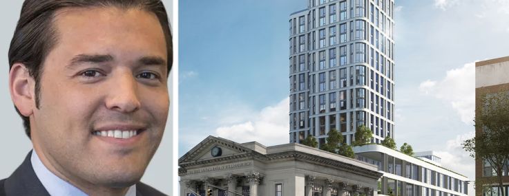 CBRE's Daniel Kaplan and a rendering of The Dime in Williamsburg, Brooklyn.