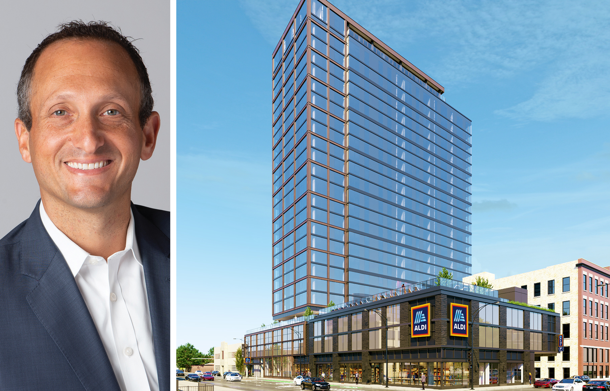 Affinius Capital's David Greenburg and a rendering of 1000 West Jackson Street, Chicago.