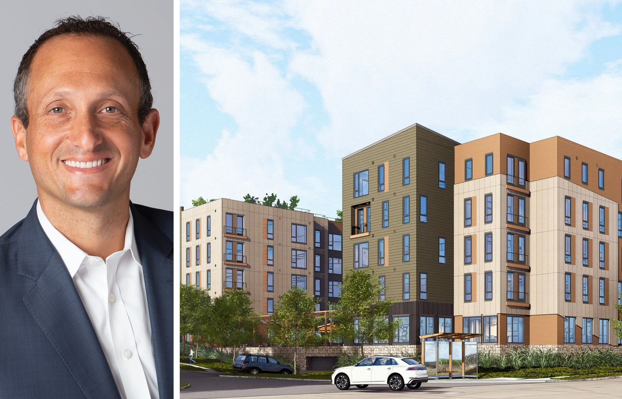 Affinius Capital's David Greenburg and a rendering of 7 Hartwell Avenue, Lexington, Mass.