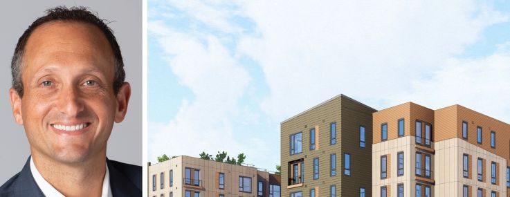 Affinius Capital's David Greenburg and a rendering of 7 Hartwell Avenue, Lexington, Mass.