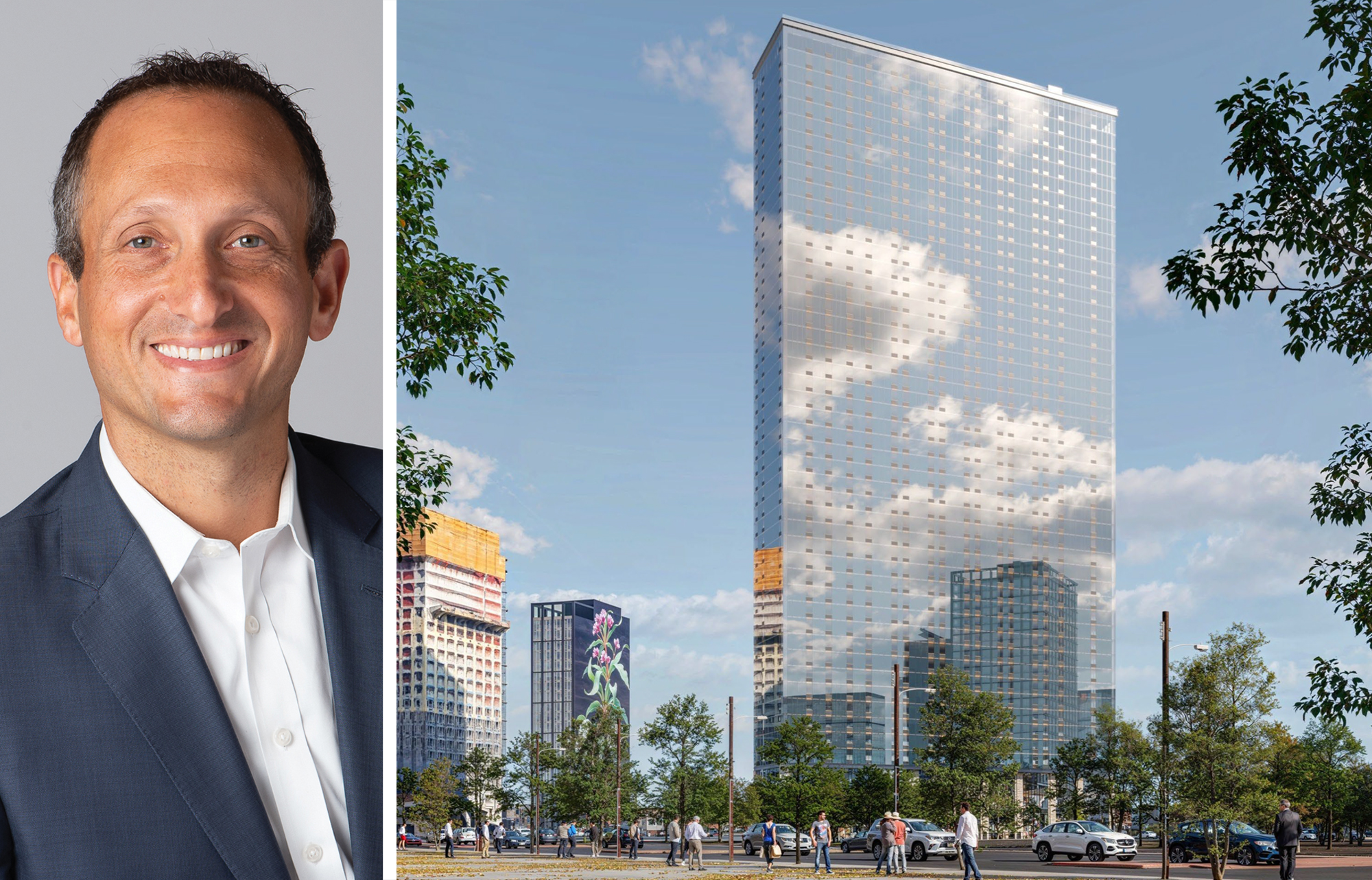 Affinius Capital's David Greenburg and a rendering of Park Tower at 8-16 Lott Street, Jersey City, N.J.