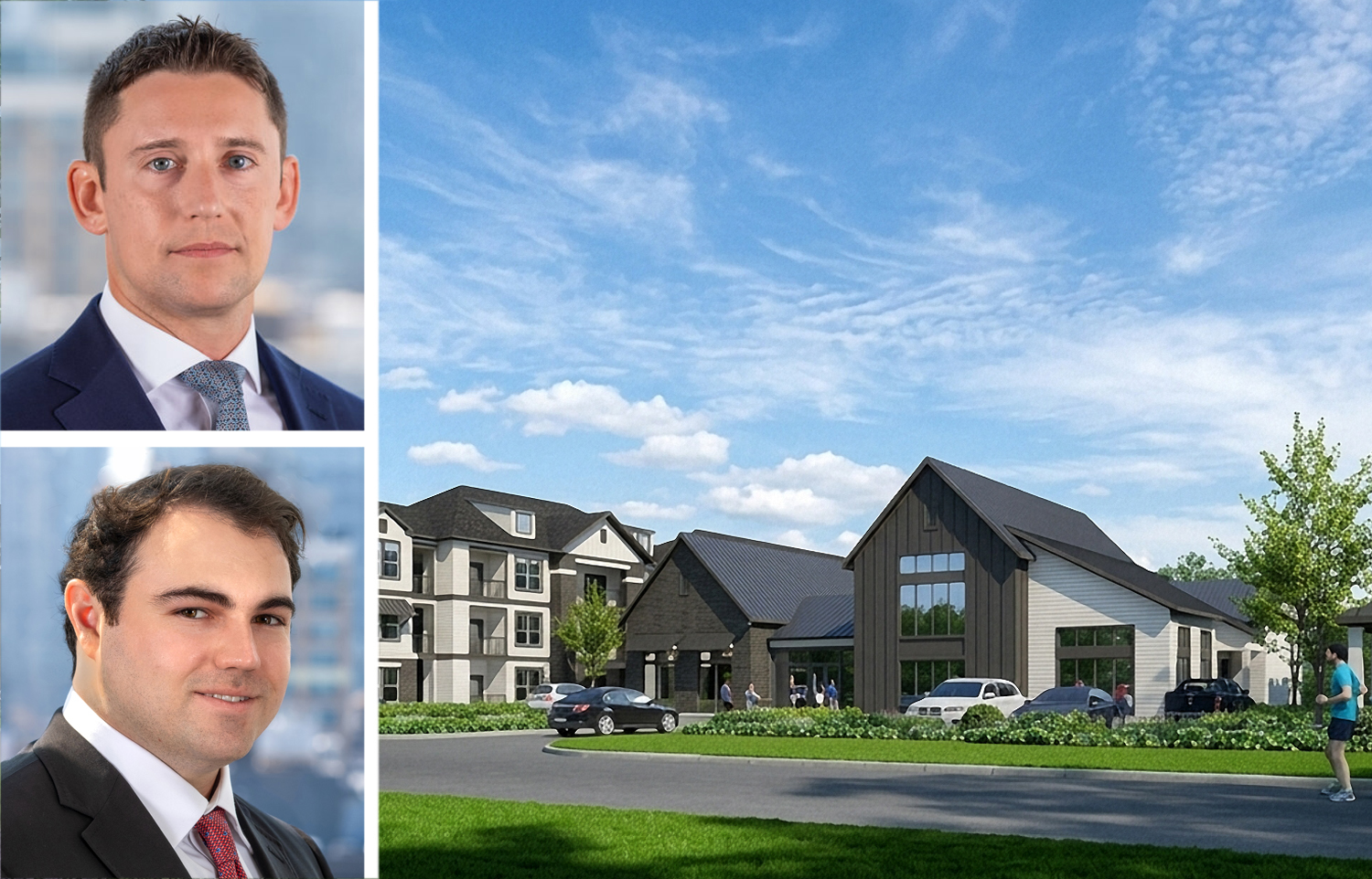 Dwight Capital's David Scheer (top) and Andrew Tichy, and a rendering of The Vic at Sunterra in Katy, Texas.