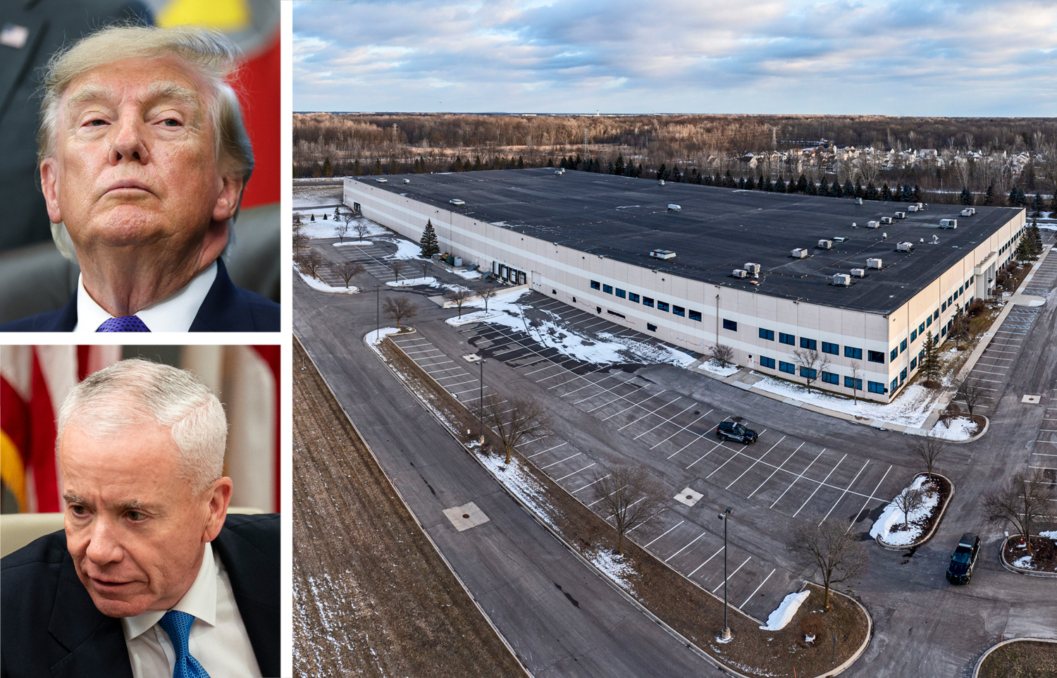 President Donald Trump (top), General Services Administrator Ed Forst, and a warehouse in Romulus, Mich., to be sold by the General Services Administration.