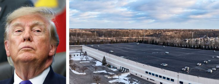 President Donald Trump (top), General Services Administrator Ed Forst, and a warehouse in Romulus, Mich., to be sold by the General Services Administration.