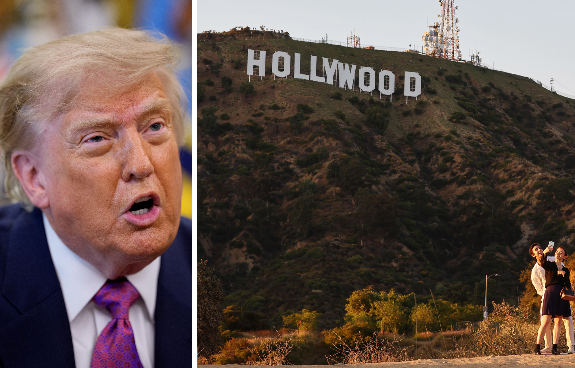 President Donald Trump and the Hollywood sign in Los Angeles.