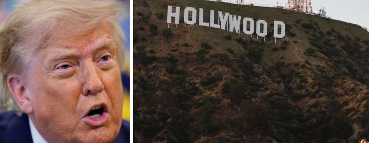 President Donald Trump and the Hollywood sign in Los Angeles.