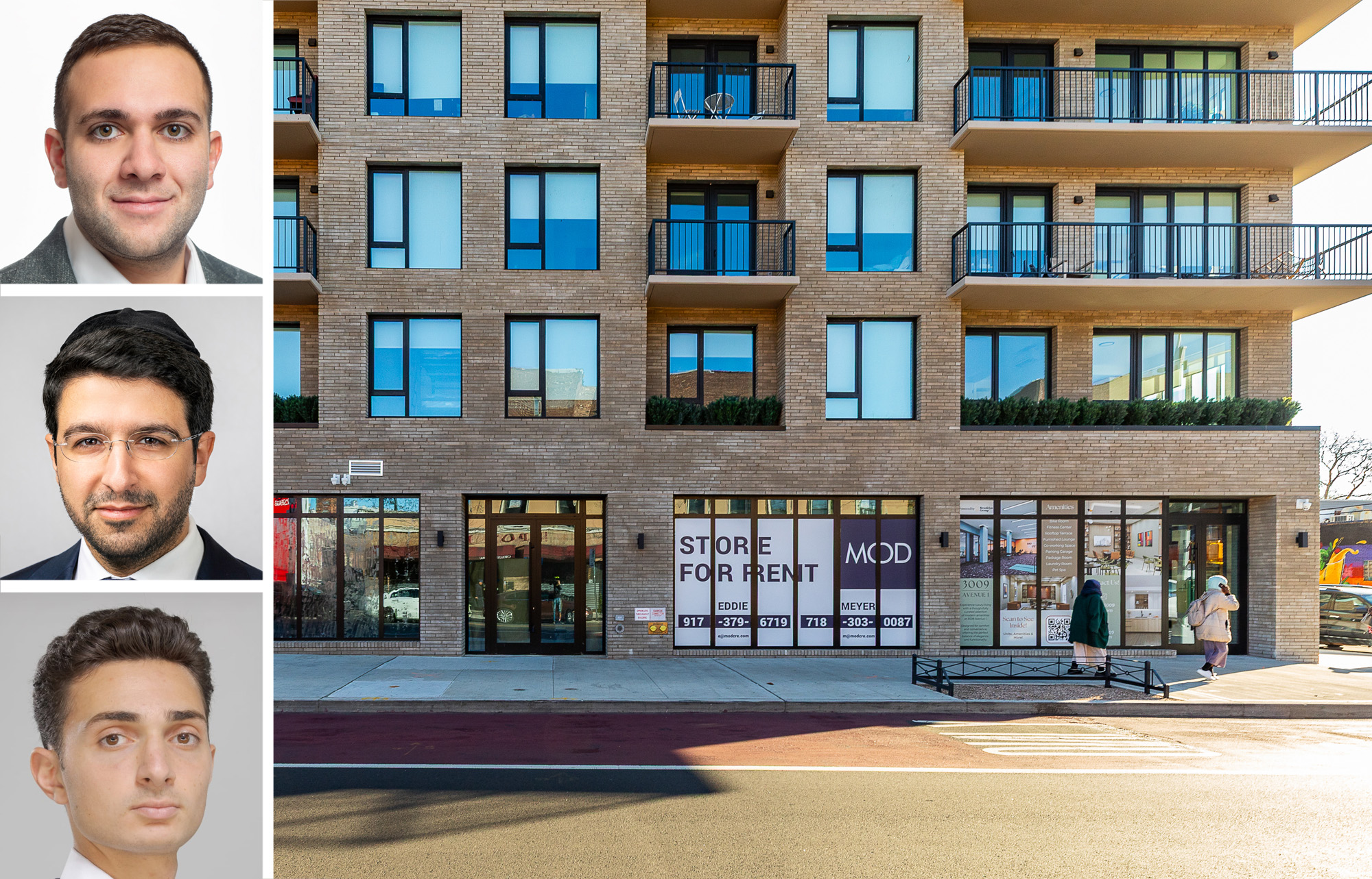 MOD Commercial Realty's Eddie Mamiye (top) and Meyer Dagmy (center), Momentum Realty Group's Solomon Betesh and 2263 Nostrand Avenue, Brooklyn.