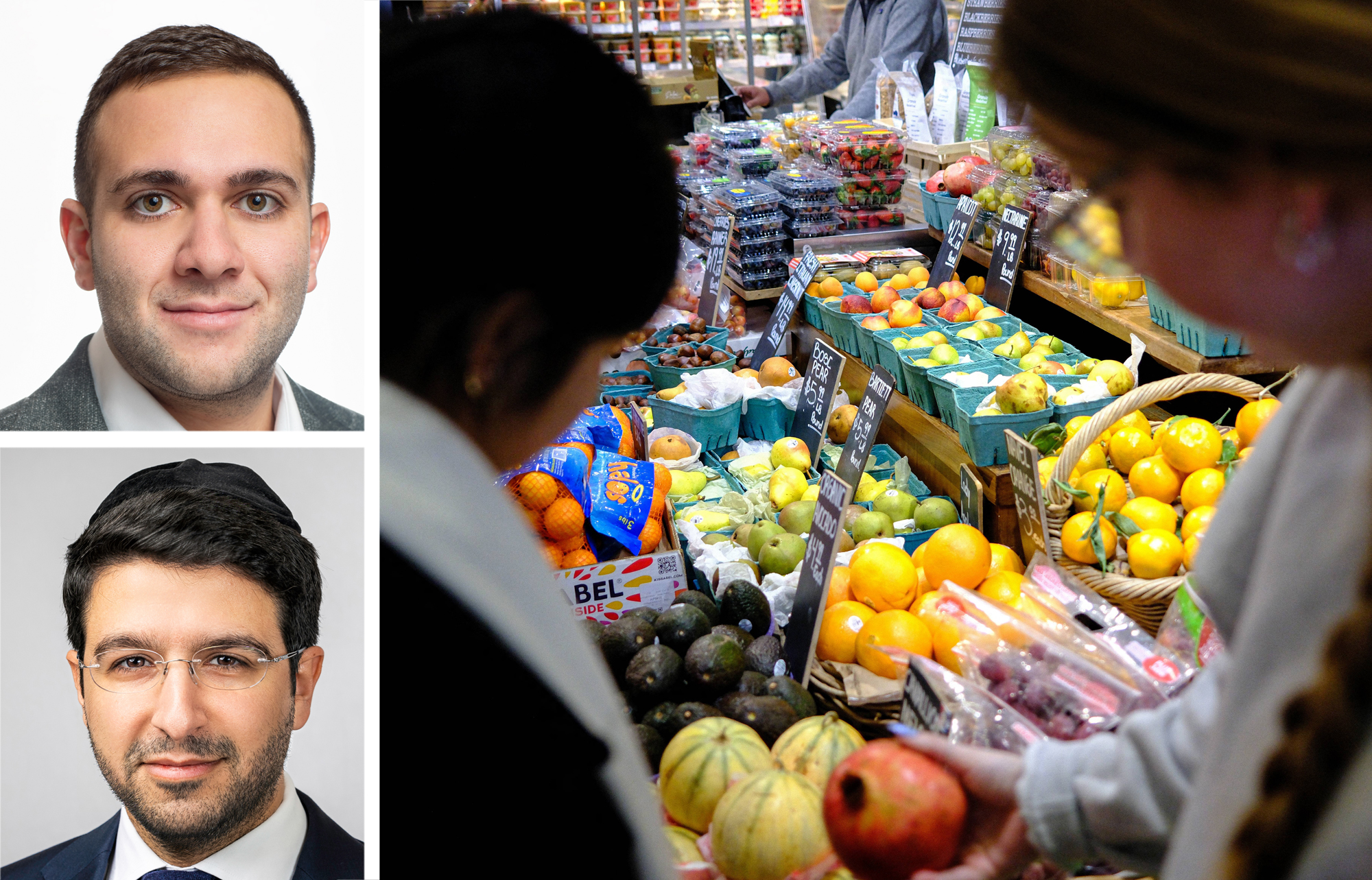 MOD Commercial Realty's Eddie Mamiye (top) and Meyer Dagmy, and shoppers in a grocery store produce section.