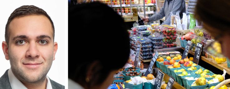 MOD Commercial Realty's Eddie Mamiye (top) and Meyer Dagmy, and shoppers in a grocery store produce section.