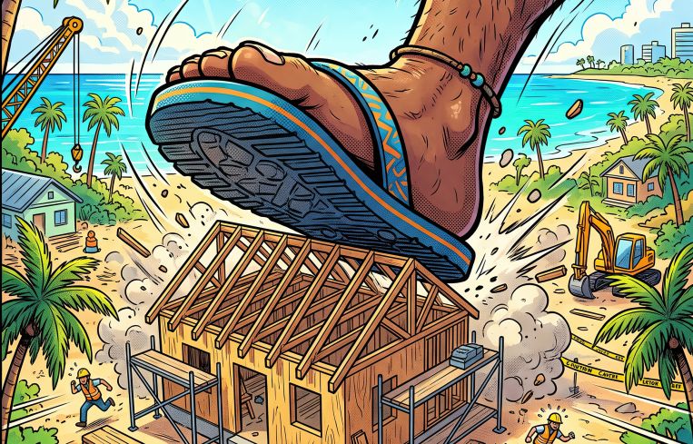 An illustration of a giant foot wearing a flip-flop crushing a house under construction near a beach.