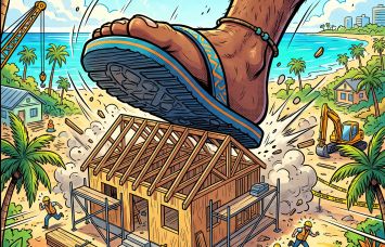 An illustration of a giant foot wearing a flip-flop crushing a house under construction near a beach.