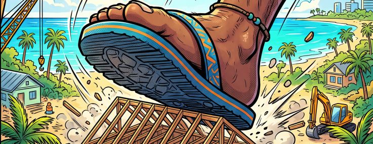An illustration of a giant foot wearing a flip-flop crushing a house under construction near a beach.