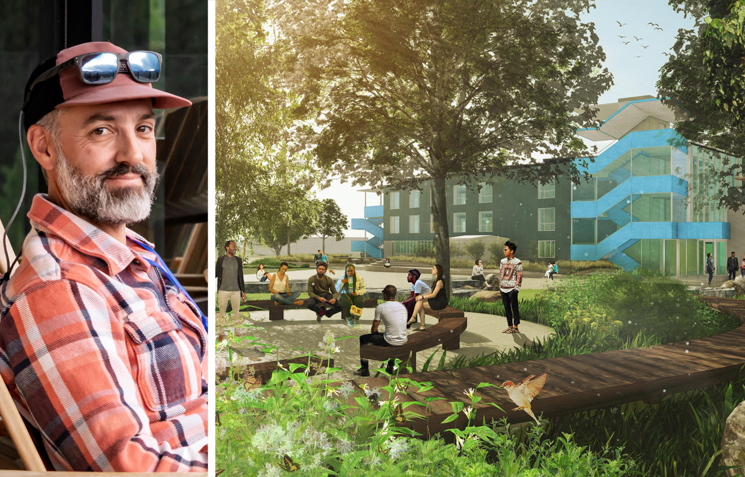 Runway Green's Geoff Roehm and a rendering of an outdoor classroom and maritime garden at a planned education campus at Floyd Bennett Field, Brooklyn.