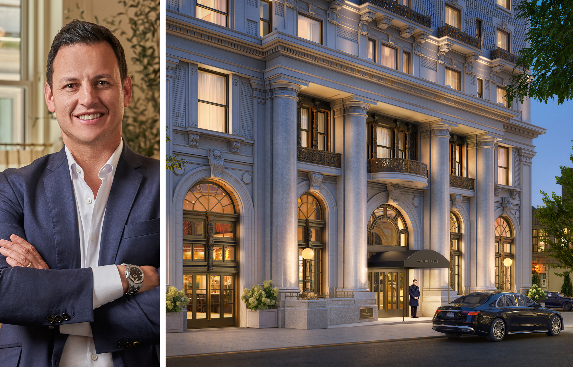 Ian Ross of SomeraRoad and a rendering of The Ritz-Carlton Residences, Brooklyn Heights at 98 Montague Street, Brooklyn.