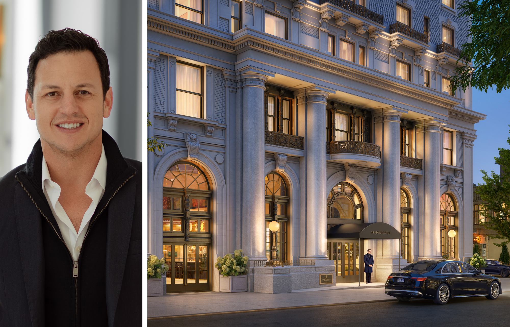 Ian Ross of SomeraRoad and a rendering of The Ritz-Carlton Residences, Brooklyn Heights at 98 Montague Street, Brooklyn.