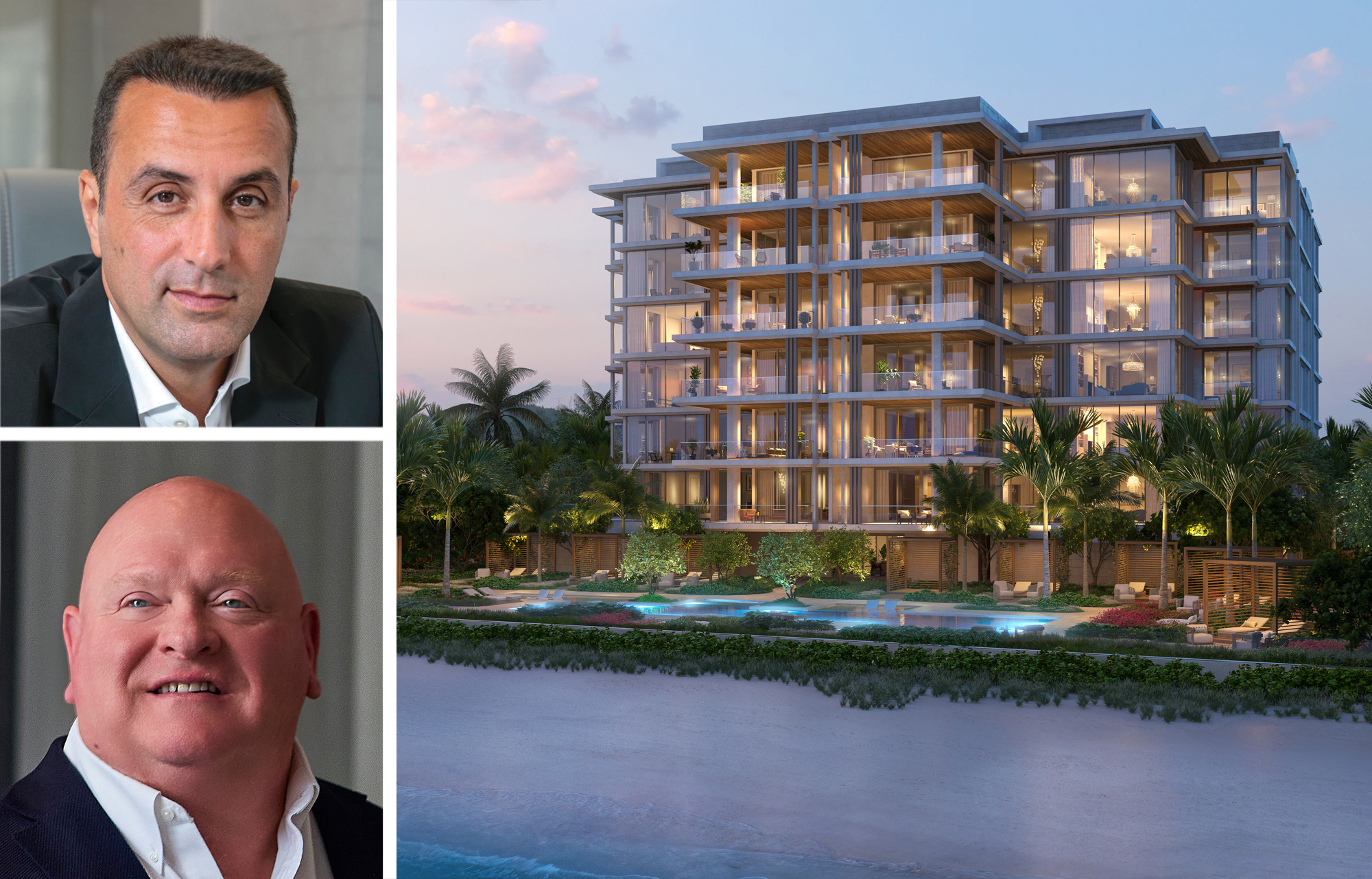 BH Group co-founder Isaac Toledano (top), Kolter Urban President Brian Van Slyke, and a rendering of Olana Naples Residences planned for Naples, Fla.