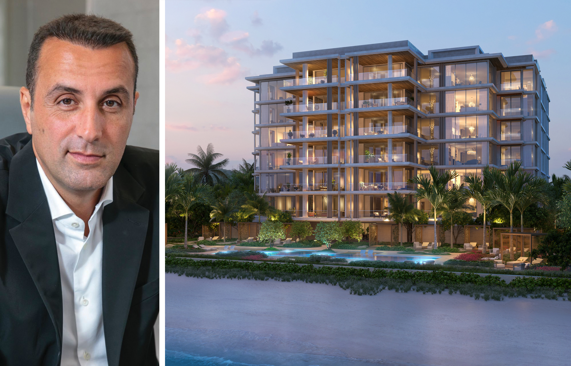 BH Group's Isaac Toledano and a rendering of Olana Naples Residences planned for Naples, Fla.