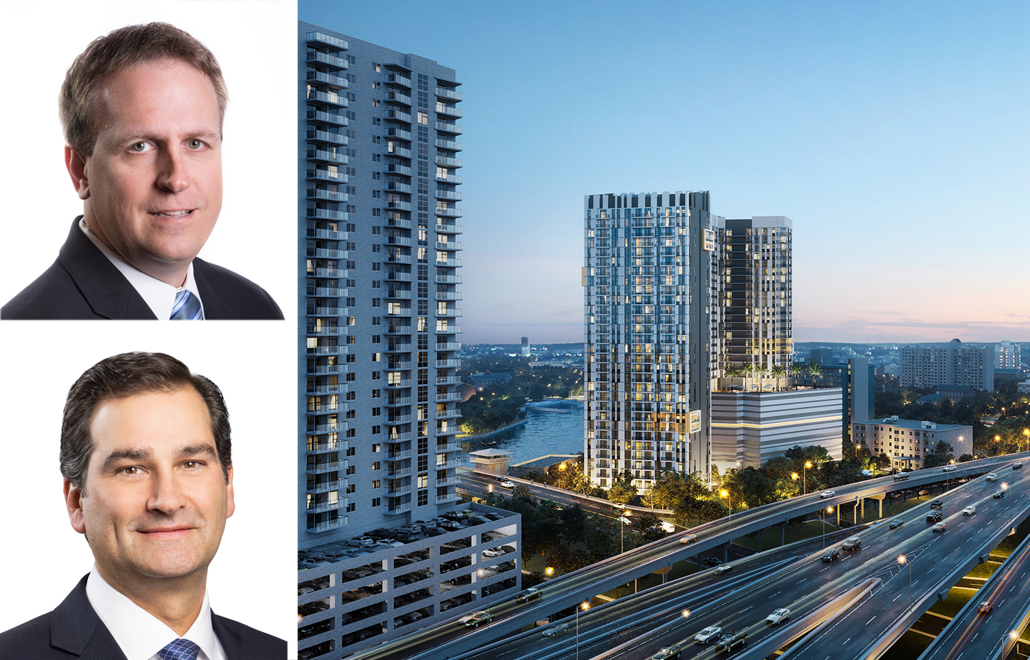 Greystone's Jeff Englund (top) and Greg Voyentzie, and a rendering of the Gallery at Lummus Parc in Miami.
