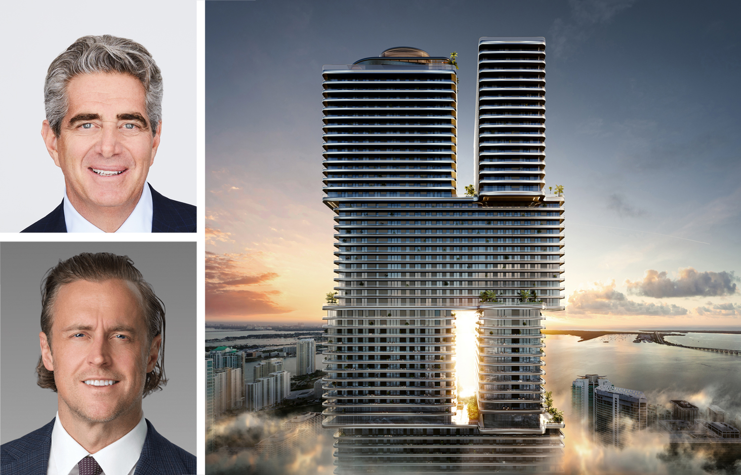 Fontainebleau's Jeff Soffer (top), Walker & Dunlop's Dustin Stolly and a rendering of Mercedes Benz Places in MIami.
