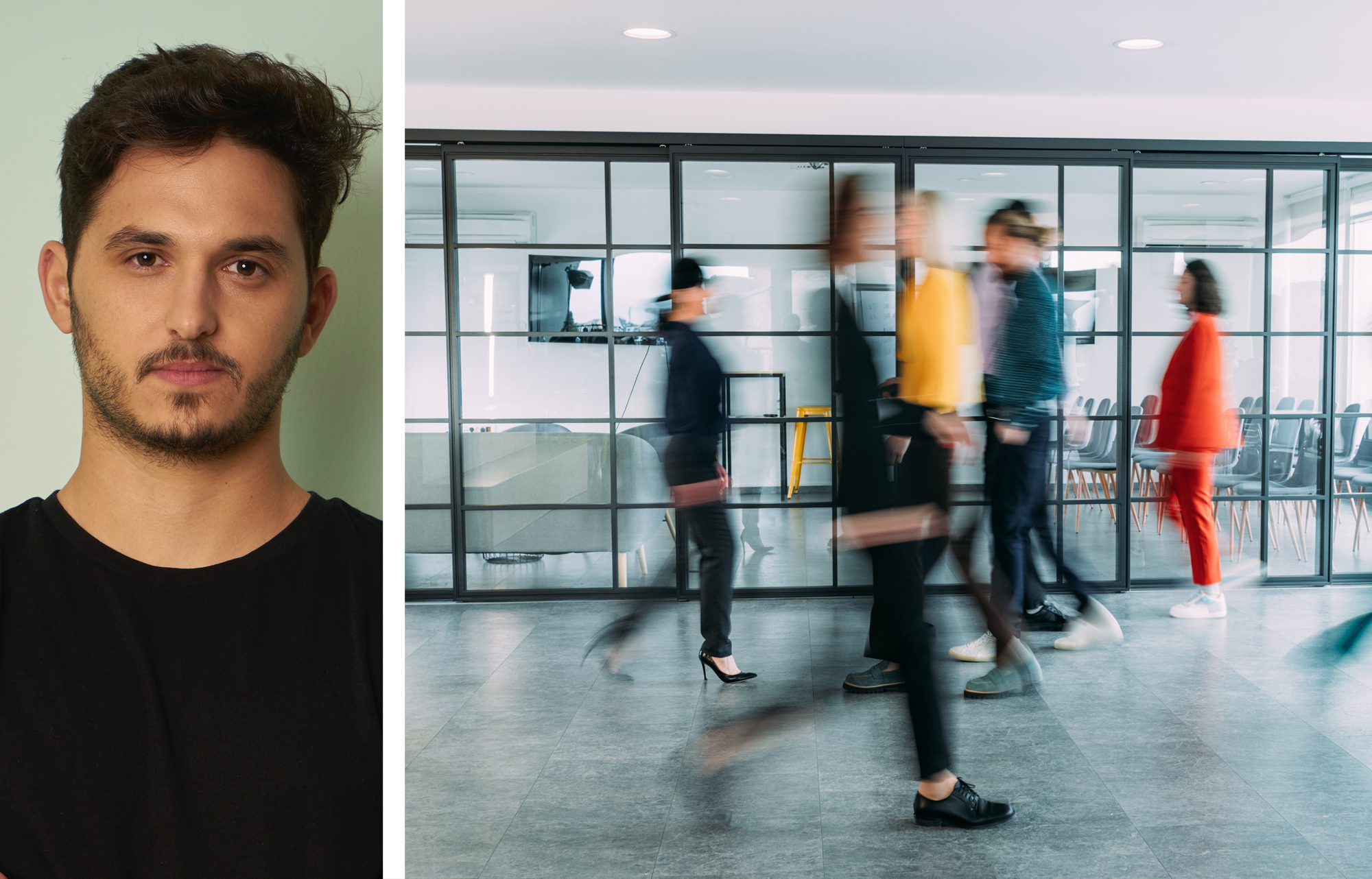 Visitt co-founder Jonathan Kroll and a busy commercial building.