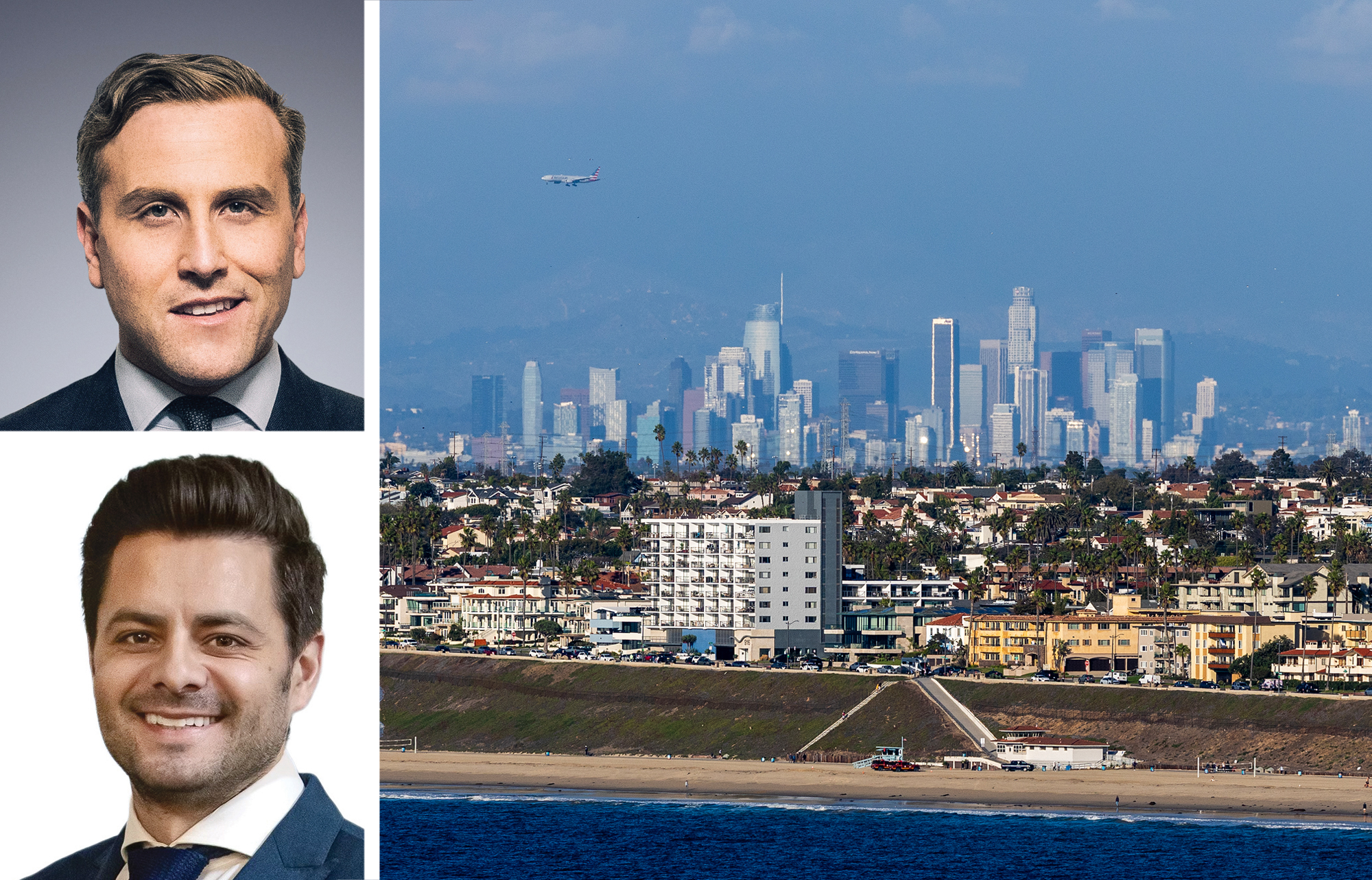 Newmark's Jordan Roeschlaub (top) and Nick Scribani, and an aerial view of Torrance, Calif.