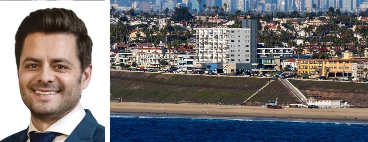 Newmark's Jordan Roeschlaub (top) and Nick Scribani, and an aerial view of Torrance, Calif.