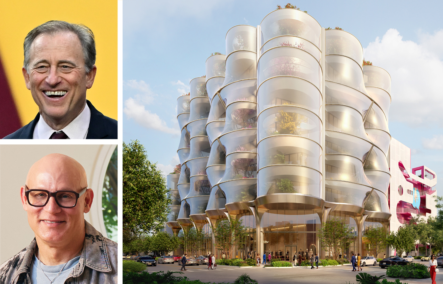 Josh Harris (top), Craig Robins and a rendering of Sweetbird North planned for Miami.