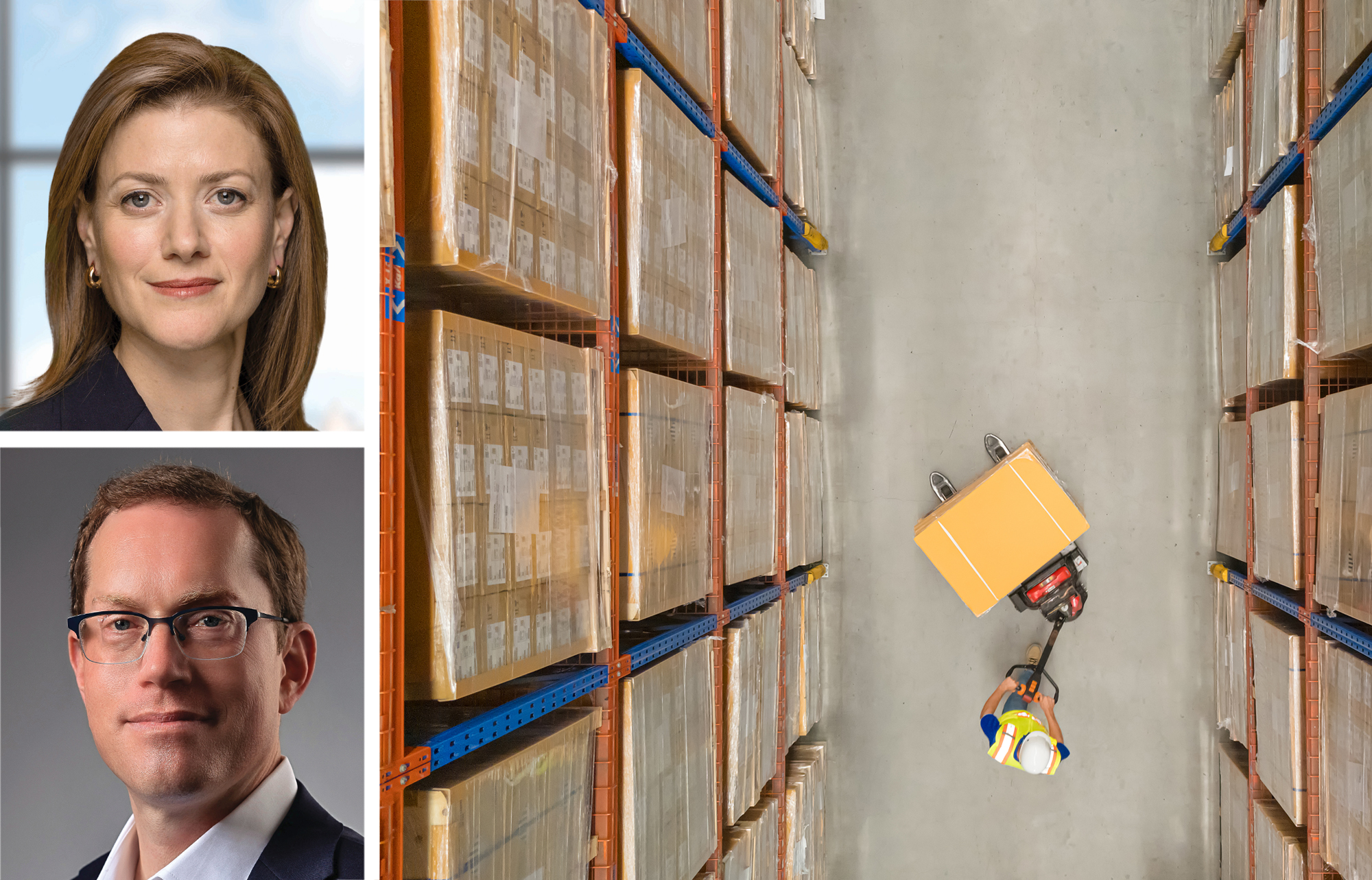Ares Management Head of Real Estate Julie Solomon (top), Brookfield CEO, Real Estate Lowell Baron, and a worker moving goods inside a warehouse.