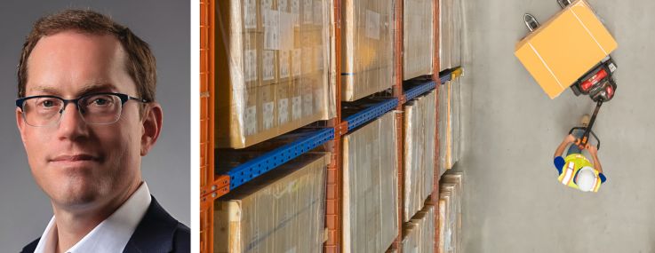 Ares Management Head of Real Estate Julie Solomon (top), Brookfield CEO, Real Estate Lowell Baron, and a worker moving goods inside a warehouse.