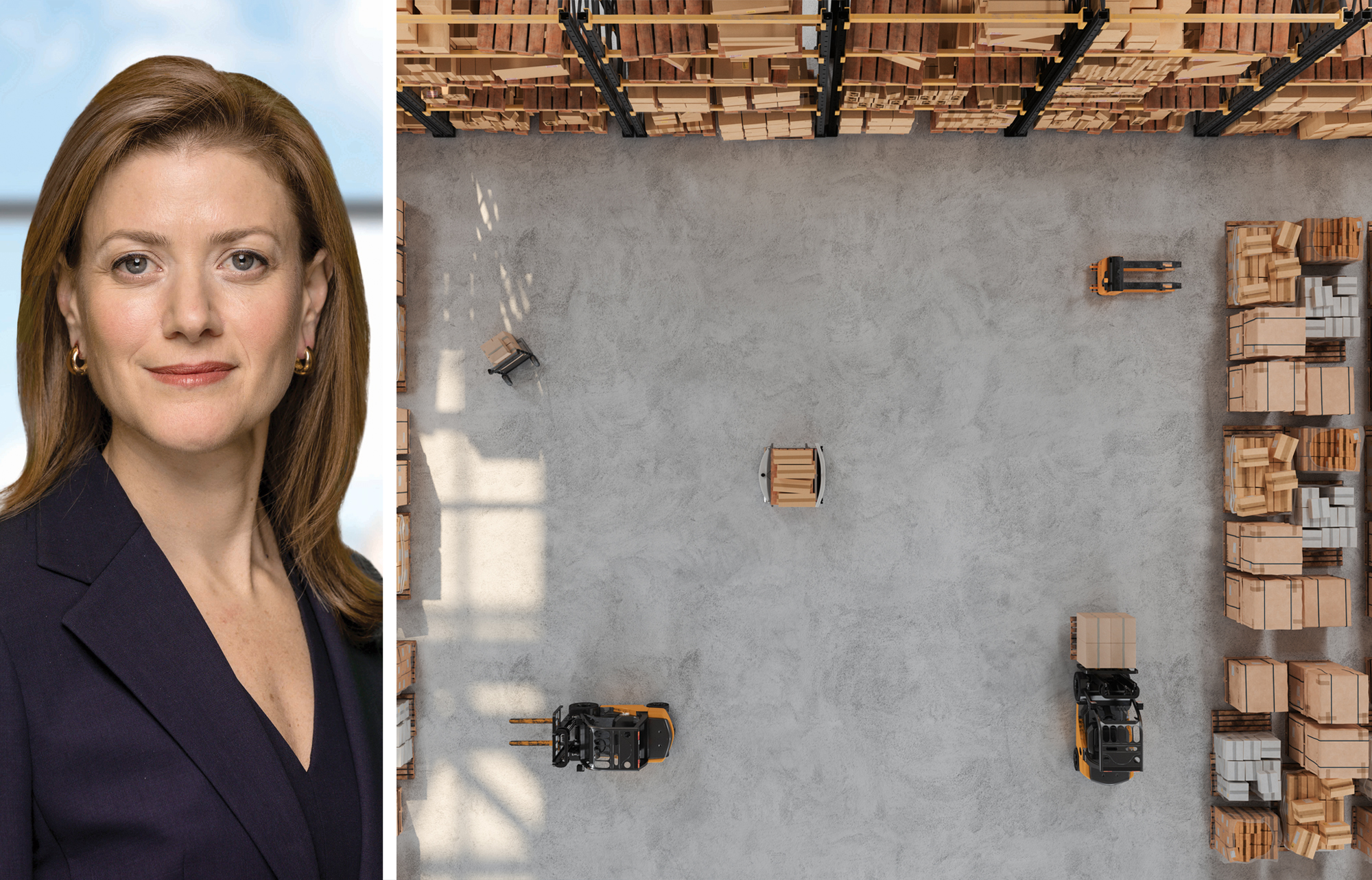 Ares Management's Julie Solomon and the interior of a warehouse.
