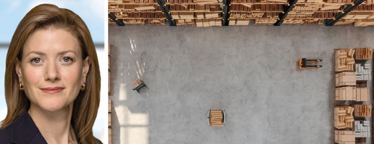Ares Management's Julie Solomon and the interior of a warehouse.
