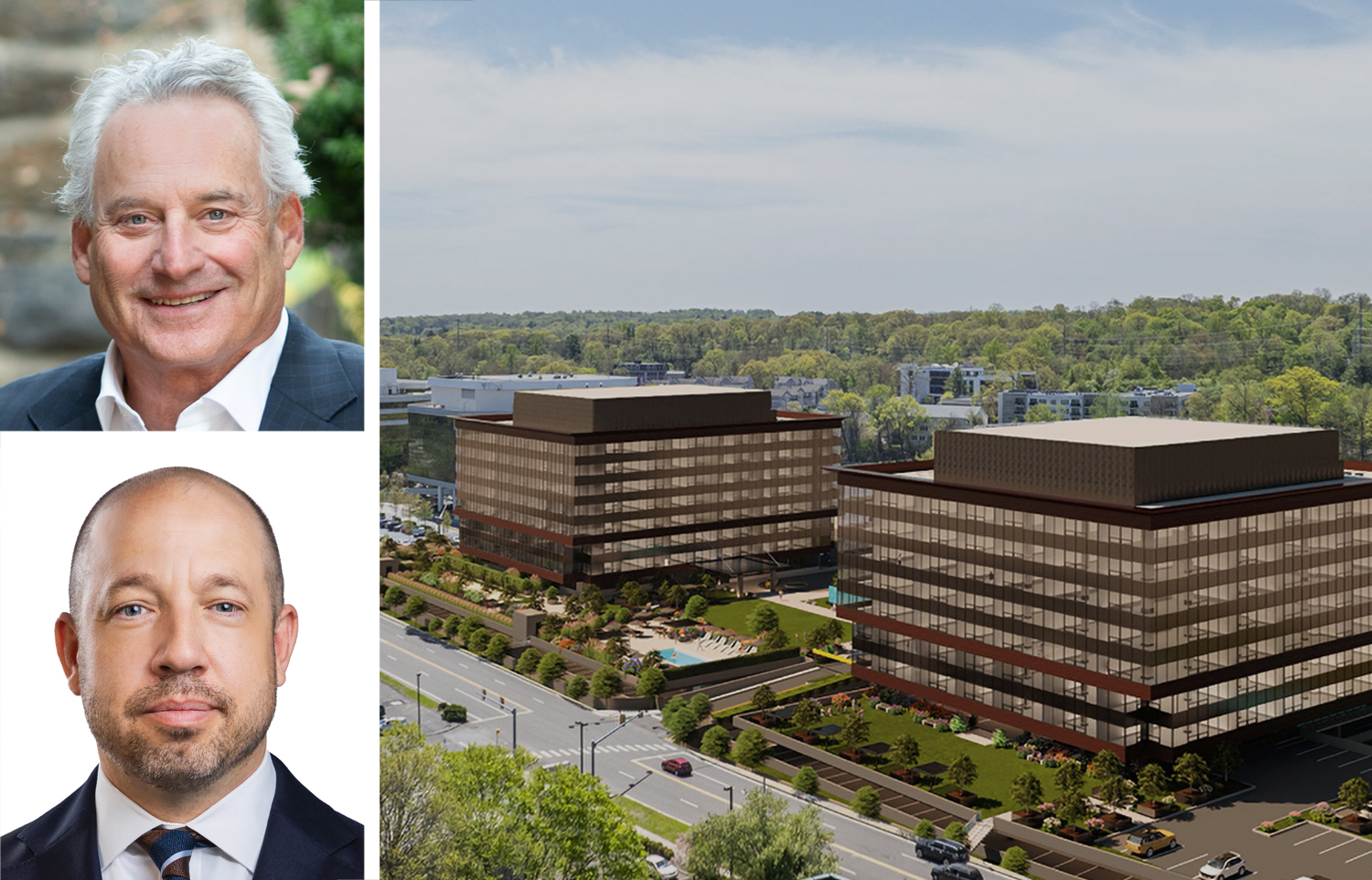 Saber-Hightower's Marty Berger (top), Greystone Capital Advisors' Drew Fletcher, and a rendering of 101 and 201 Merritt 7 in Norwalk, Conn.