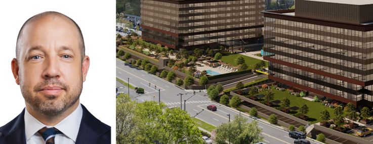Saber-Hightower's Marty Berger (top), Greystone Capital Advisors' Drew Fletcher, and a rendering of 101 and 201 Merritt 7 in Norwalk, Conn.