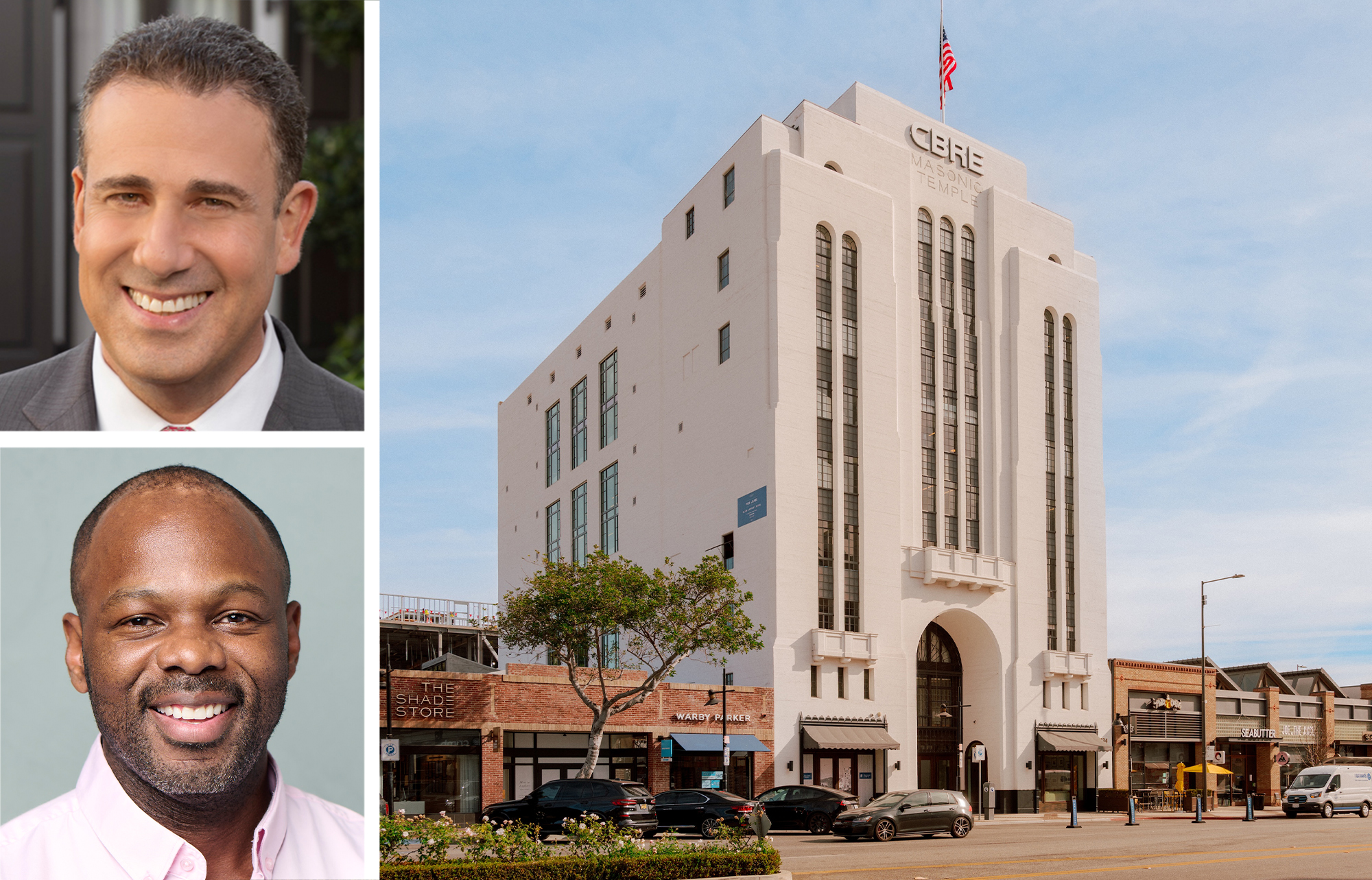 Chief Revenue Officer of Caruso, Jackie Levy (top), Industrious President, Gentry Long (bottom), and the Masonic Temple located at 234 South Brand Boulevard in Glendale, Calif.