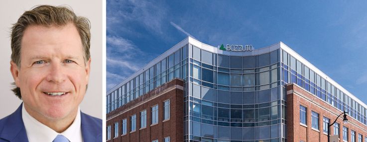 St. John Properties' Matt Lenihan and a rendering of 8160 Maple Lawn Boulevard in Fulton, Md.