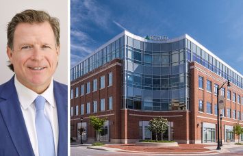 St. John Properties' Matt Lenihan and a rendering of 8160 Maple Lawn Boulevard in Fulton, Md.