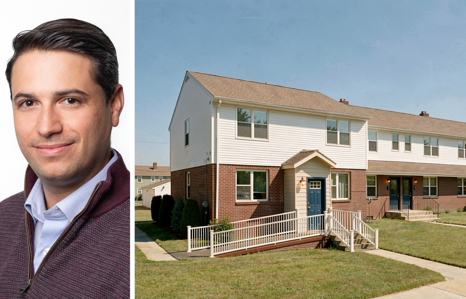 Matthew Linde of People Restoring Communities and a rendering of a rehab project at Paulsboro Gardens in Paulsboro, N.J.
