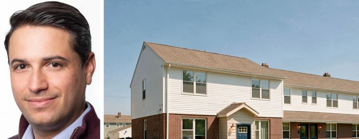 Matthew Linde of People Restoring Communities and a rendering of a rehab project at Paulsboro Gardens in Paulsboro, N.J.
