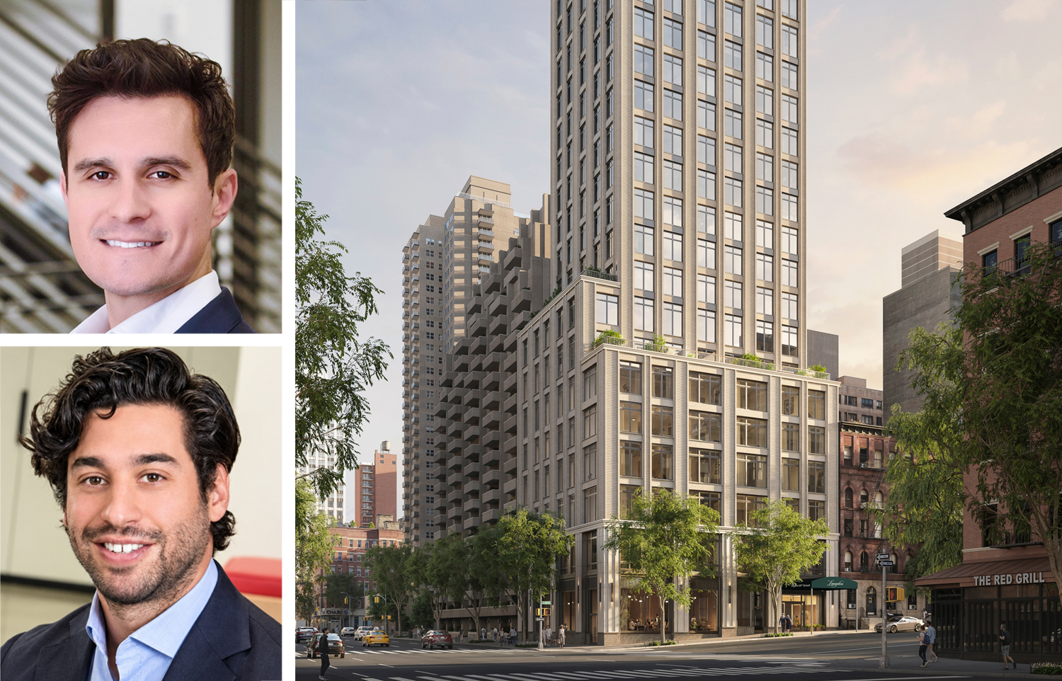 JLL's Matthew Schuss (top) and Jesse Wolff, and a rendering of 1695 Second Avenue.