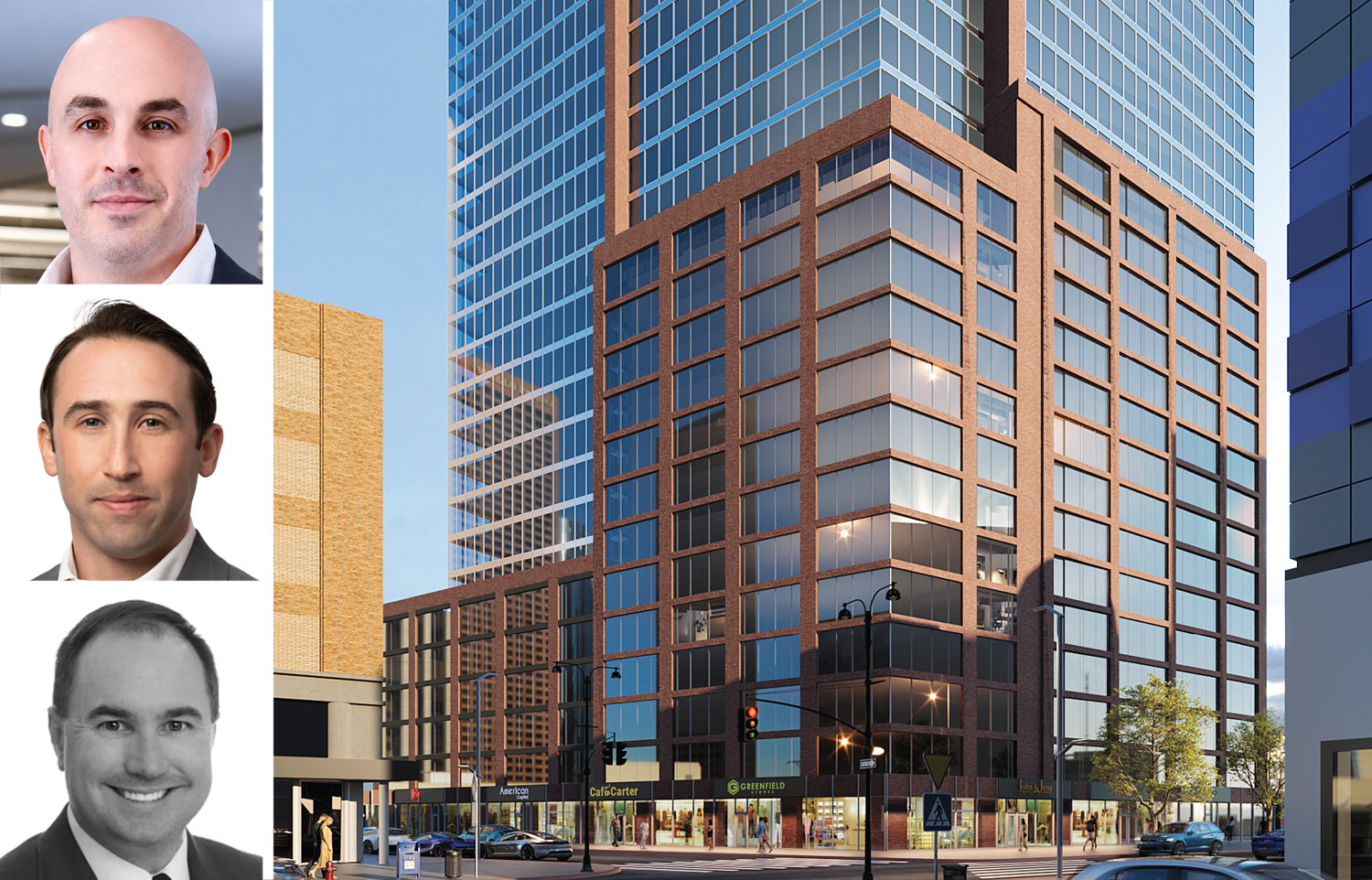 JLL's Michael Mazzara (top), Ethan Stanton (center) and Brendan Maddigan, and a rendering of 485 Fulton Street, Brooklyn.