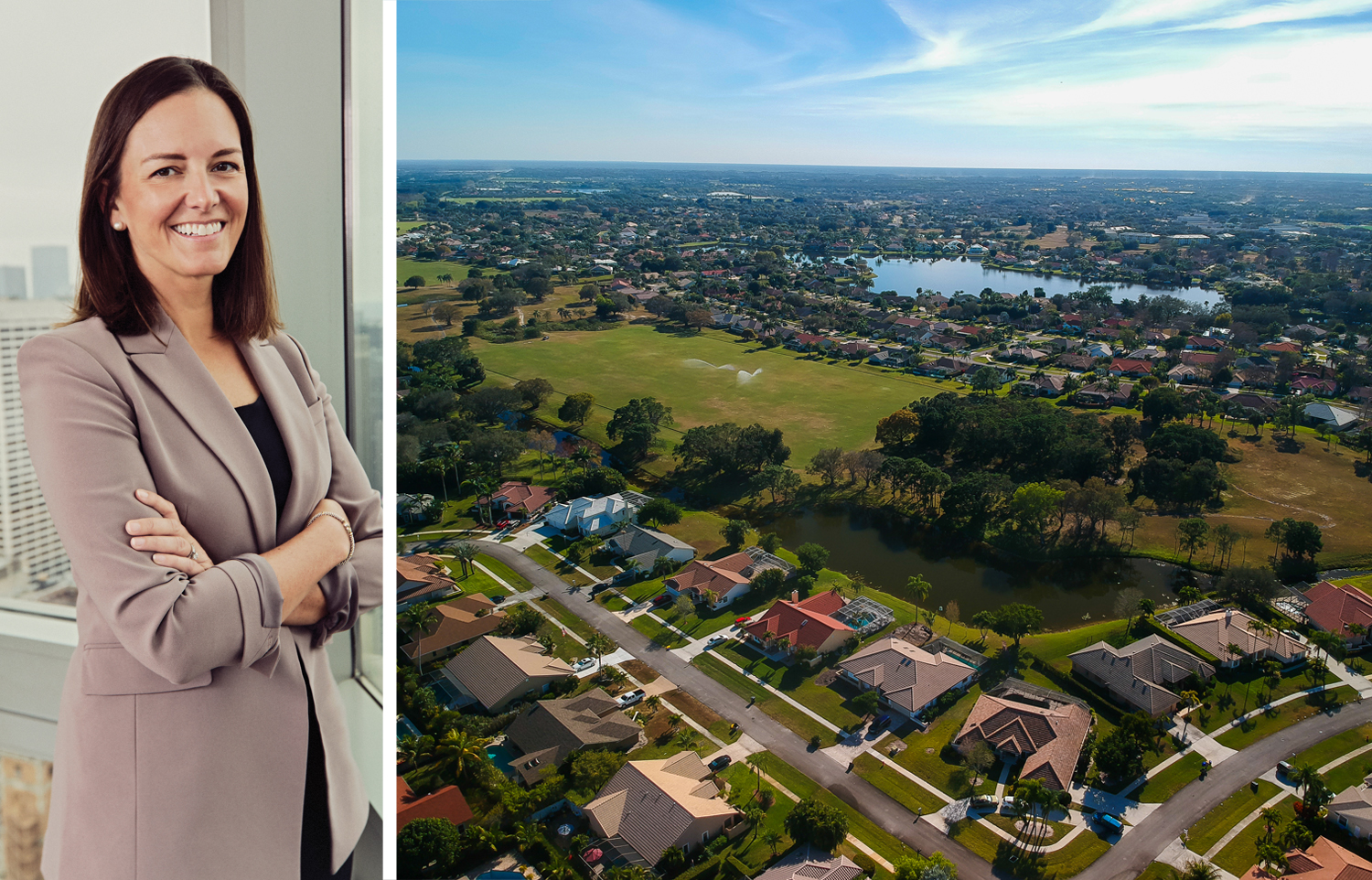 J.P. Morgan Head of Commercial Real Estate Michelle Herrick and an aerial view of Wellington, Fla.