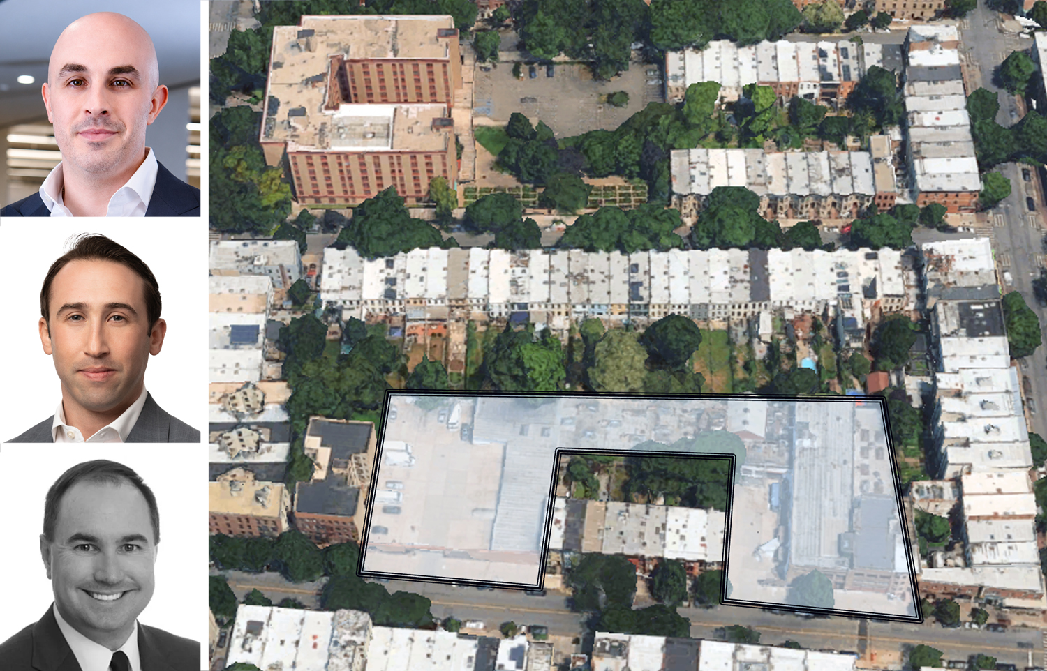 JLL's Mike Mazzara (top), Ethan Stanton (center) and Brendan Maddigan, and an aerial view highlighting the lots purchased from 441-467 Prospect Avenue, Brooklyn.