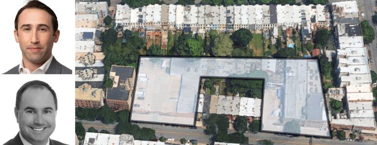 JLL's Mike Mazzara (top), Ethan Stanton (center) and Brendan Maddigan, and an aerial view highlighting the lots purchased from 441-467 Prospect Avenue, Brooklyn.